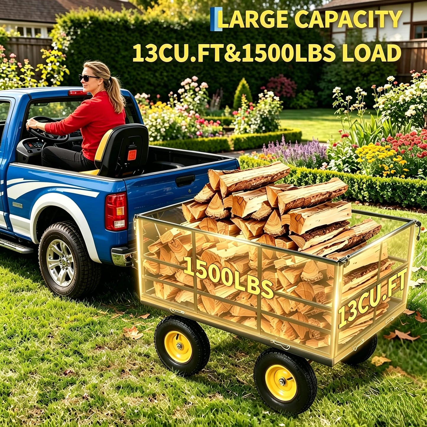 1500Lbs Steel Mesh Garden Cart, Heavy-Duty Utility Wagon with Removable Sides, Outdoor Wagon with Rubber Tire and Handle for Gardening Soil, Tools and Plant Transport(Black)