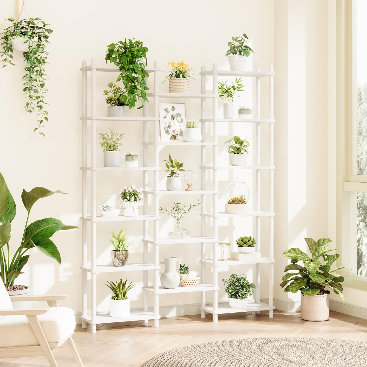 IOTXY Wooden Triple Wide Bookshelf - 6-Tier Large Shelf Bookcase with Solid Beech Frame, Tall Freestanding Open Etagere Display Rack for Home Office, White