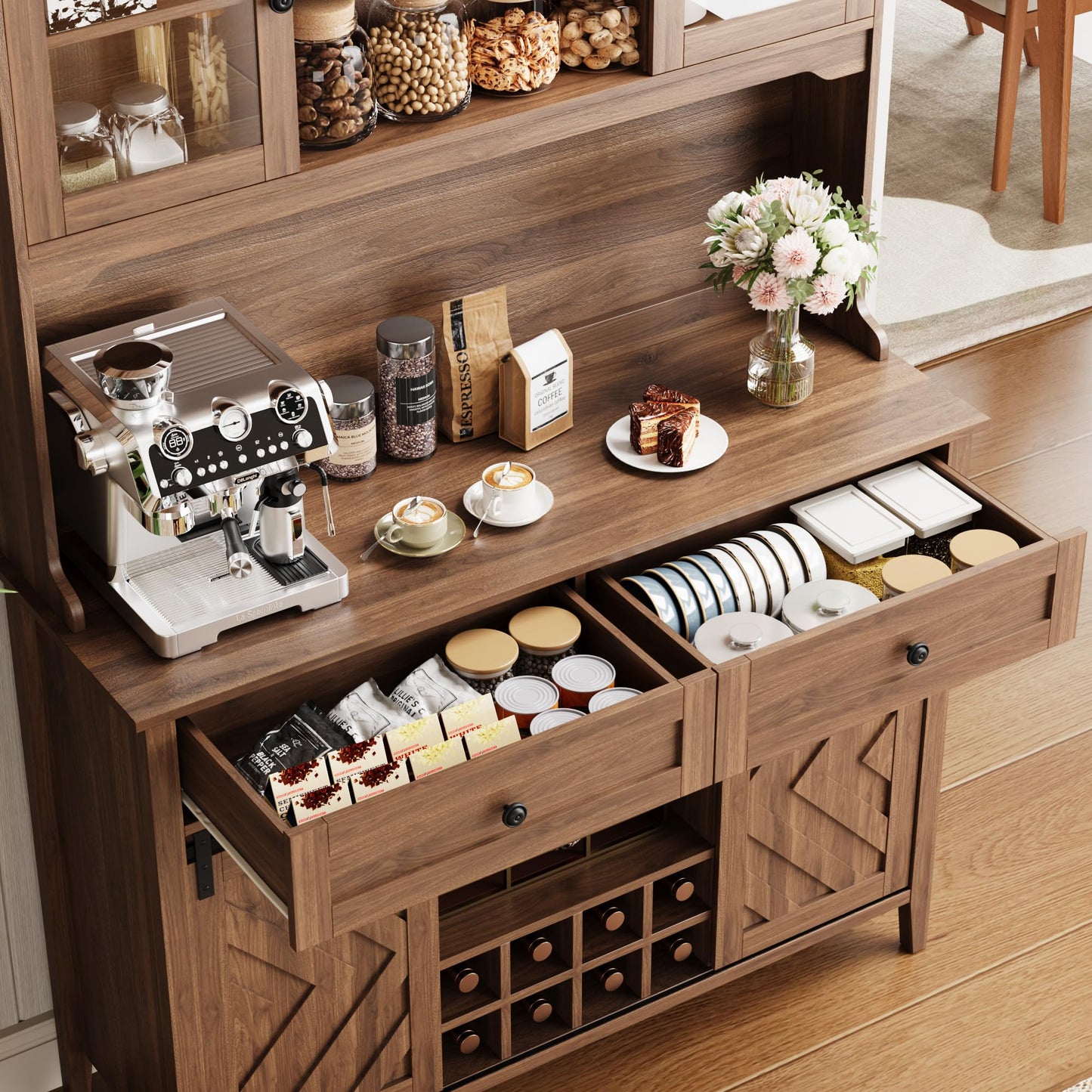 Garvee 72" Farmhosue Bar Cabinet with Sliding Barn Door, Large Kitchen Buffet with Hutch Wine with Charging Station, 2 Drawers, 8 Storage Shelves, LED Rustic Coffee Bar for Dining