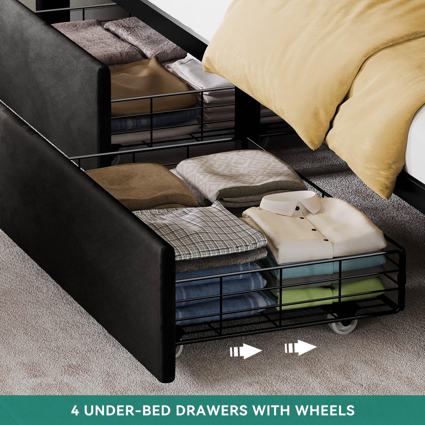 DWVO Queen Size Bed Frame with 4 Drawers and RGB LED Lights, Velvet Upholstered Platform Bed with Charging Station and Storage Headboard, No Box Spring Needed, Easy Assembly, Noise-Free, Black