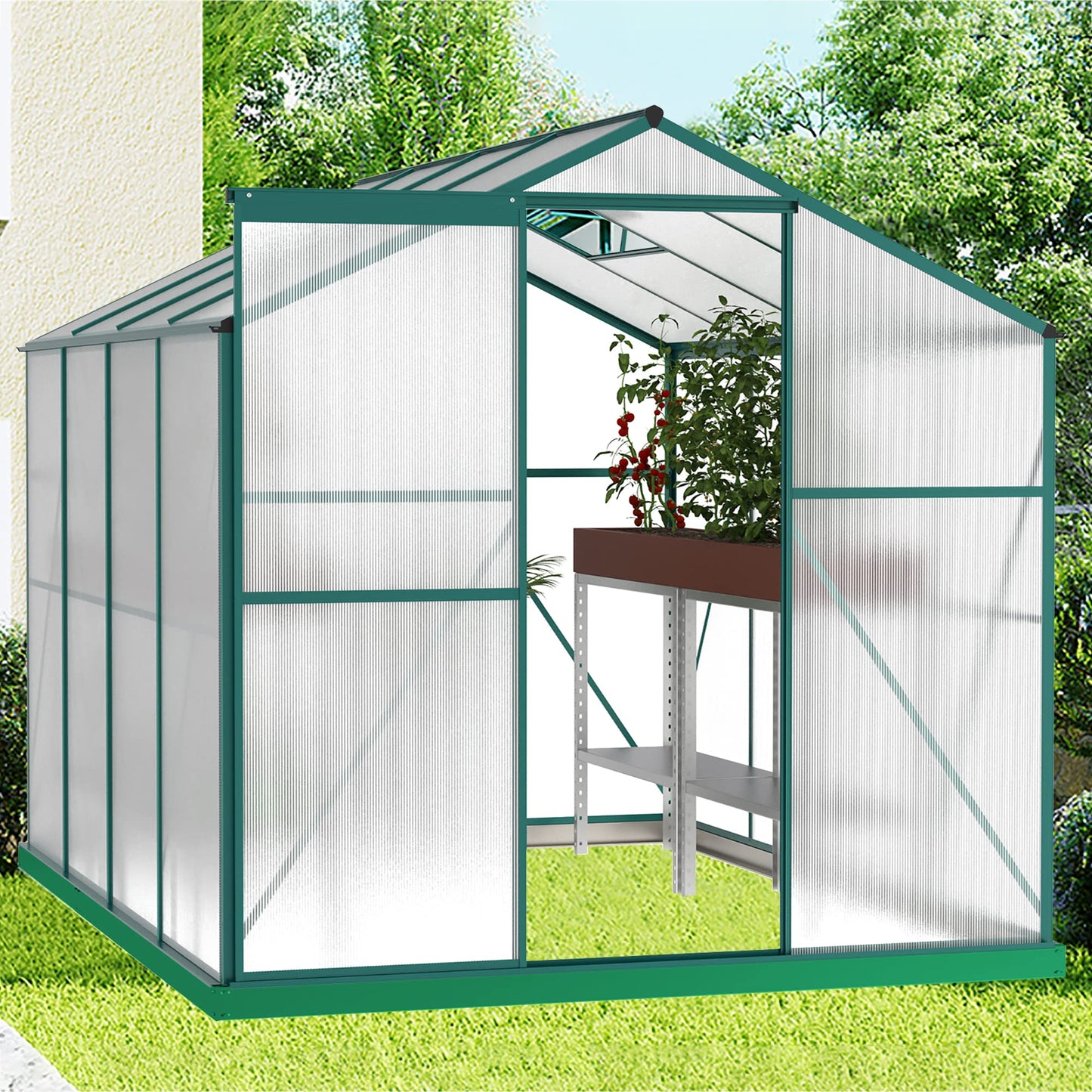 KEIKI 6x8 FT Polycarbonate Greenhouse Heavy Duty Walk-in Outdoor Garden Kit with Aluminum Frame, Sliding Door, Adjustable Roof Vent, Rain Gutter, UV Resistant All Season Backyard Green