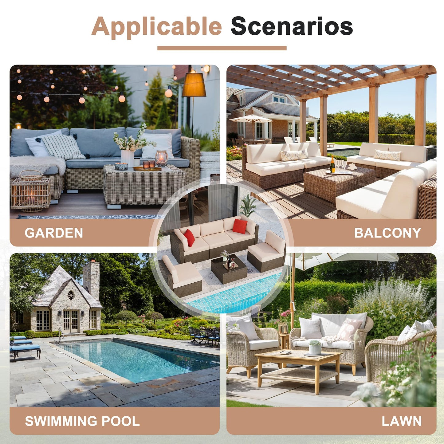 Shintenchi 6 Pieces Patio Furniture Sets Outdoor All-Weather Sectional Patio Sofa Set PE Rattan Manual Weaving Wicker Patio Conversation Set with Glass Table&Ottoman Cushion and Red Pillows, Beige