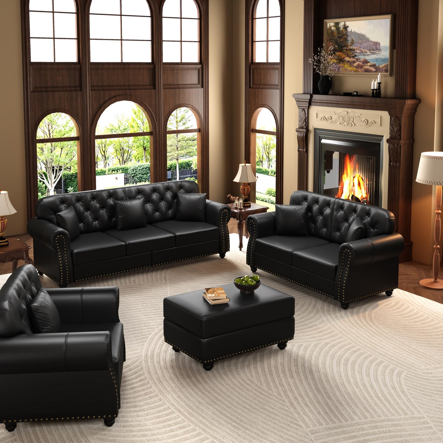 KEIKI 3-Piece Chesterfield Sofa Set with 1 Faux Leather 3-Seater Sofa & 1 Loveseat & 1 Single Sofa, 6-Seater Couch Set with Nailhead Trim & Rolled Arms & 1 Ottoman & 6 Pillow, for Living Room, Black