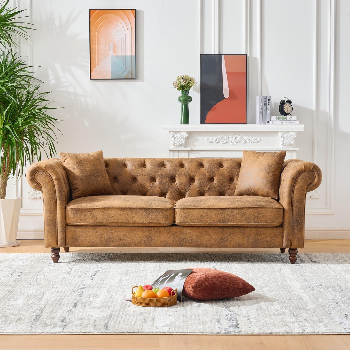GDFStudio 81" Chesterfield Sofa Couch, 3 Seat Mid Century Modern Sofas & Couches, Fabric Upholstered Couch with Rolled Arms & Pillows, Modern Living Room Sofa for Apartment Office Home Seating, Brown