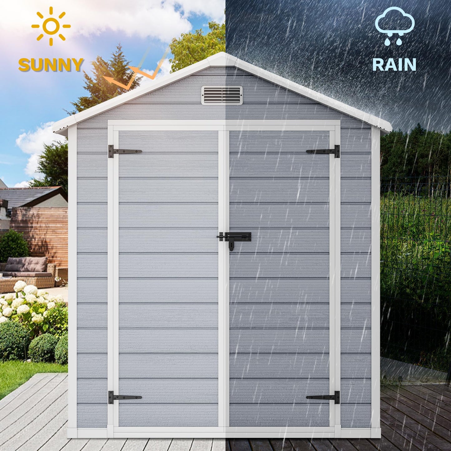 DWVO 6x4.4 FT Resin Storage Shed with Reinforced Floor, Outdoor Storage Shed with Lockable Door, Window and Vents, Waterproof Plastic Tool Storage for Garden, Backyard, Patio, Lawn