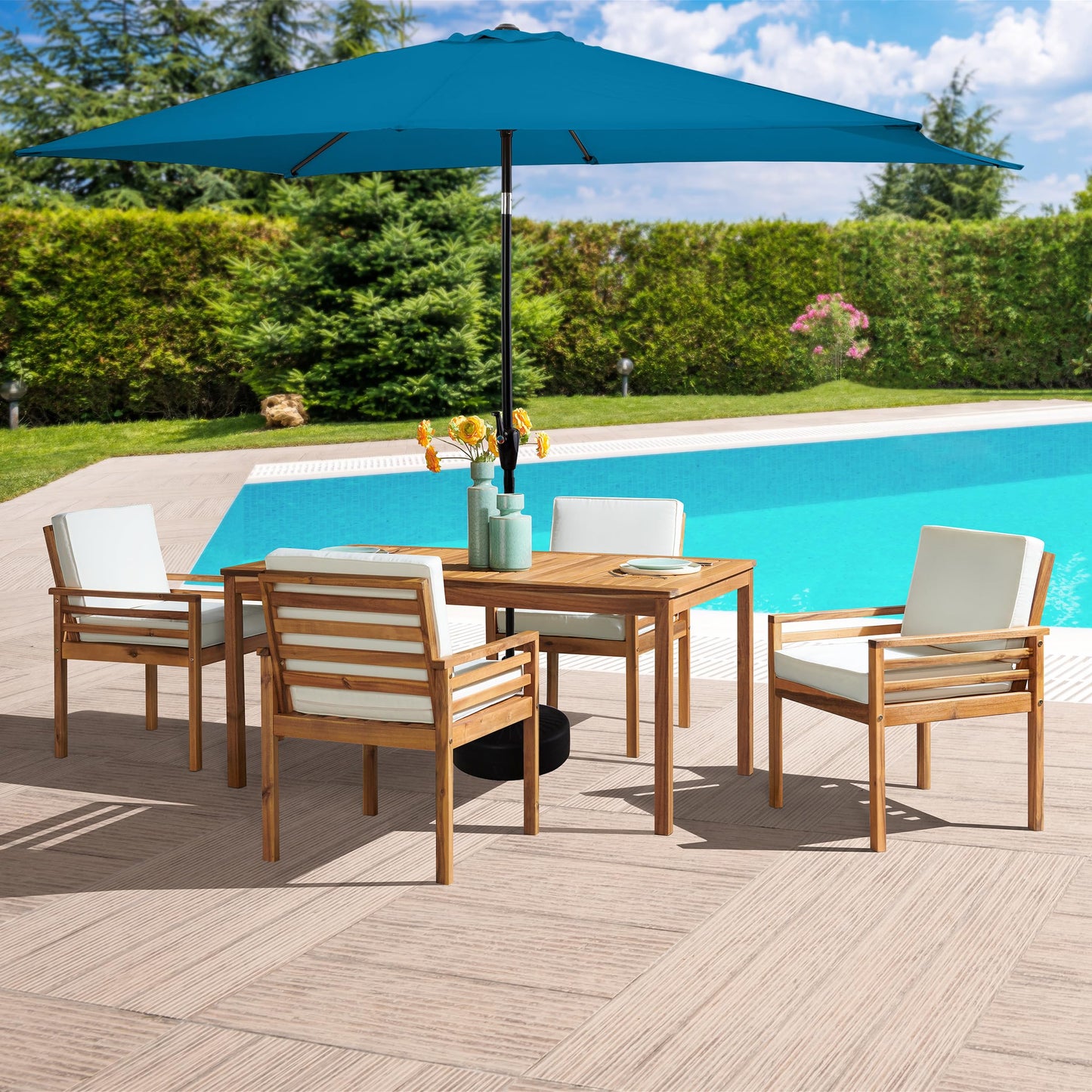 Alaterre Furniture Okemo 6 Piece Outdoor Dining Set with Umbrella - Acacia Wood Outdoor Furniture Set with 63” Patio Table, 4 Patio Chairs, and 10ft Rectangular Turquoise Umbrella