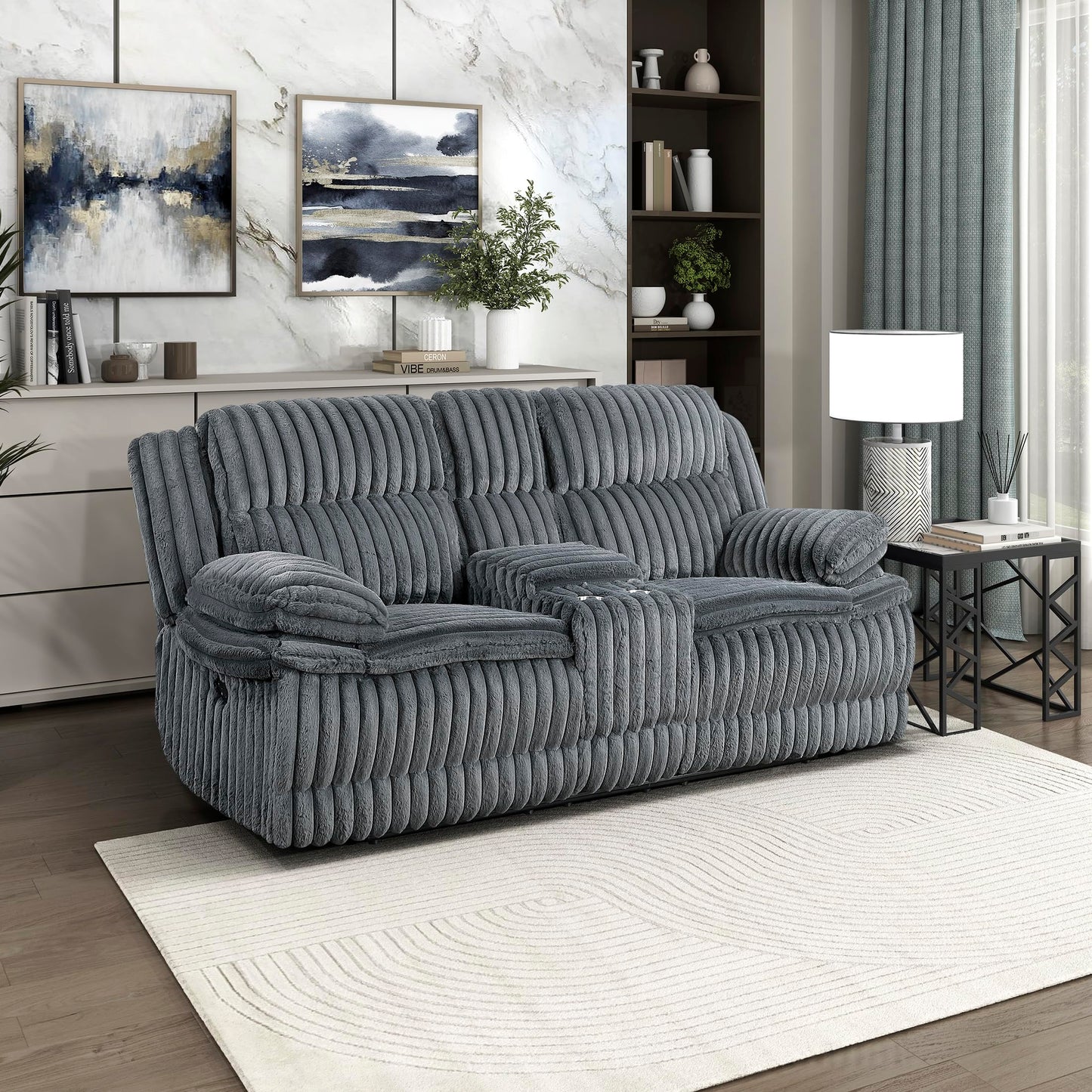 Lexicon Manual Double Reclining Loveseat with Center Console, Corduroy Manual Wall Hugger Recliner Couch, Pillow Top Arms, Cup Holders, Hidden Storage, Cozy Loveseat for Living Room, Dark Gray