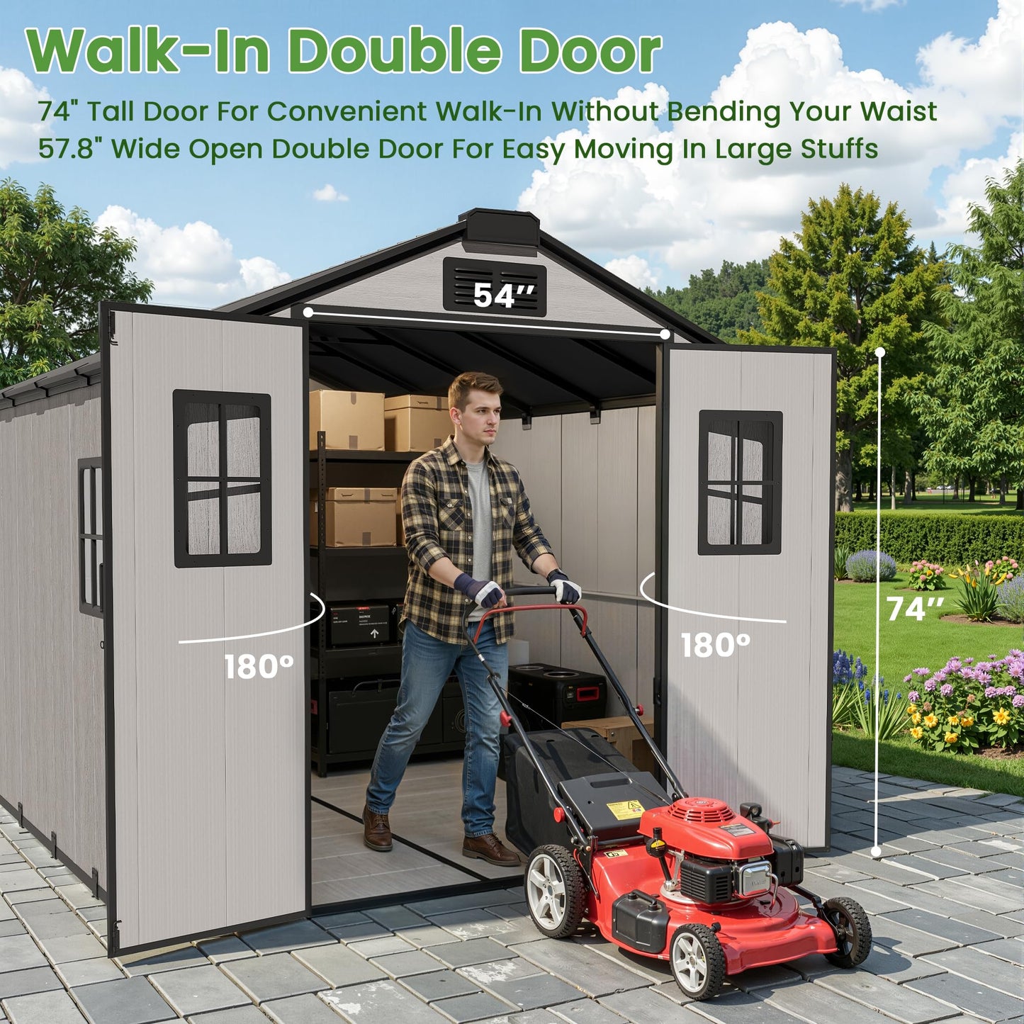 8X12 Large Outdoor Storage Shed with Floor,Waterproof Plastic Resin Garden Tool Shed,Walk in Backyard Utility Shed with Window Lockable Door for Outside Patio Lawn