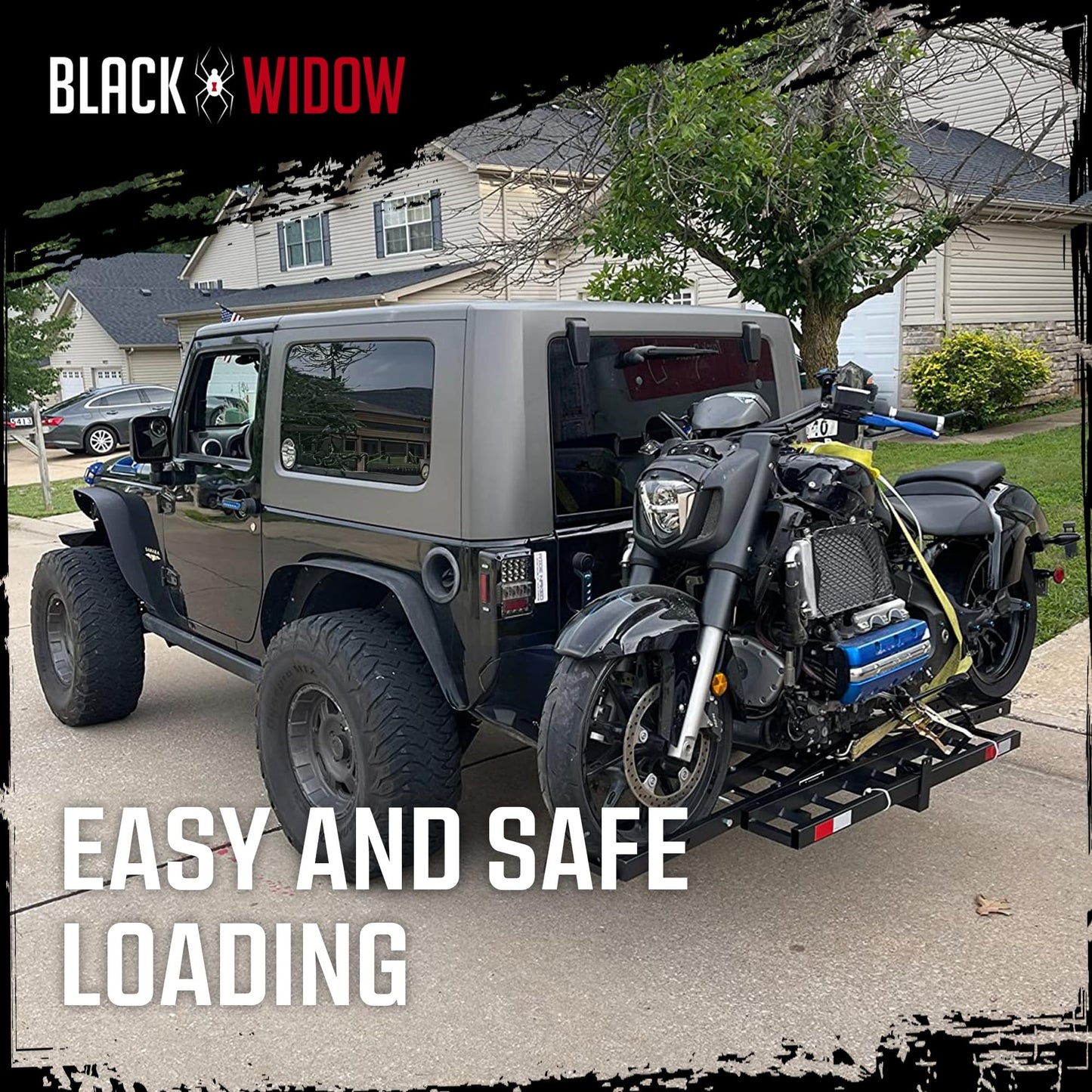 Black Widow Steel Motorcycle Carrier with Ramp for 2-Inch Receiver, 500 lb Capacity - Hitch-Mounted Dirt Bike and Scooter Hauler with Grit-Coated Track and Anti-Rattle Device for SUVs and Trucks