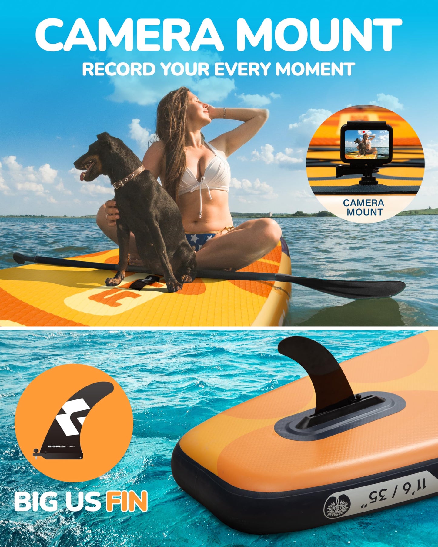 Bigfly 11'6"x35"x6" Inflatable Non-Slip Stand Up Paddle Boards with Accessories, Anti-Slip Scratch Resistant Widened SUP Board for Pet Dog Family Board Travel Leisure