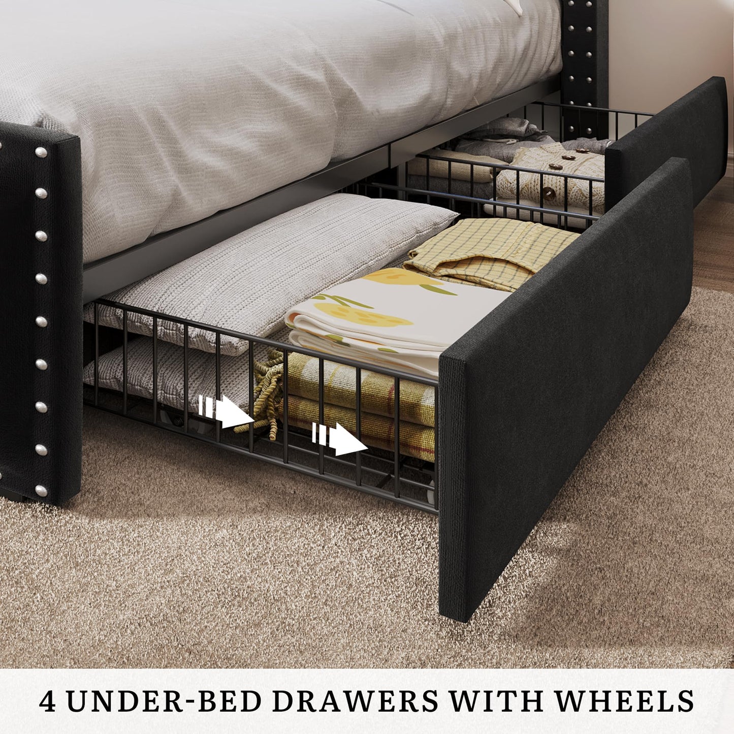 DWVO Queen Size Bed Frame with 4 Storage Drawers and RGB LED Lights, Velvet Upholstered Platform Bed with Charging Station and Bookcase Storage Headboard, No Box Spring Needed, Easy Assembly, Black