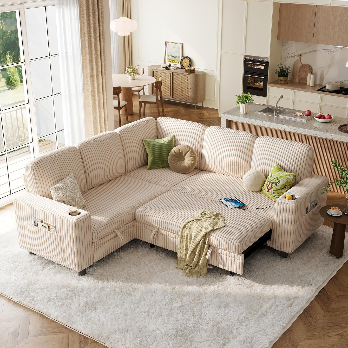 LINSY HOME Sectional Sofa with Pull Out Bed, 5 Seats Corduroy Reversible Sleeper Sofa with Storage Seats, USB Ports, Cup Holders, Side Pocket, Sectional Couches for Living Room