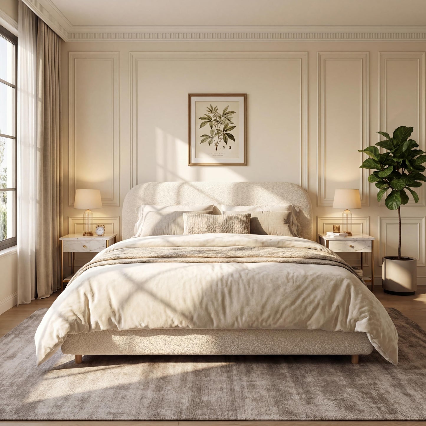 Christopher Knight Home Hazel California King Bed Frame with Headboard, Boucle Upholstered Platform Bed, Wooden Frame, Soft Curved Headboard, Slats Panel Support, No Box Spring Needed, White