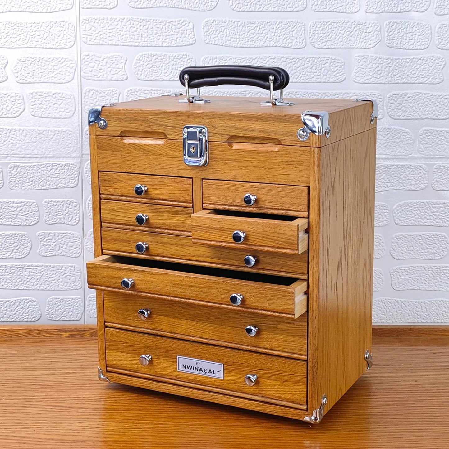 INWINACALT Oak Tool Chest, 8-Drawer Portable Handle with Chrome Hardware,Red Oak Color