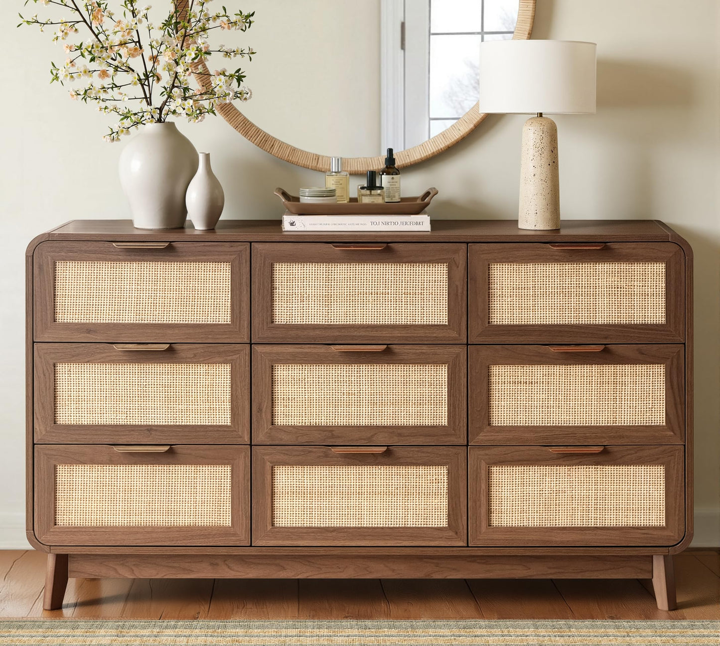 FORTUNETEC 55" Rattan 9 Drawer Dresser, Modern Farmhouse & Boho Wooden Chest of Drawers with Walnut Wood Grain, Multifunctional Storage Bedroom Set for Bedroom, Living Room, TV Stand