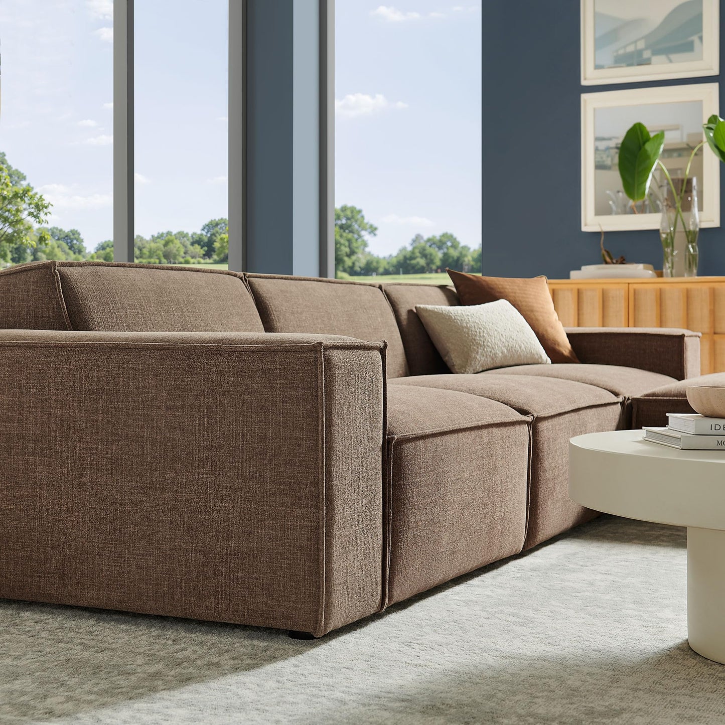 Modway Restore Performance Fabric Upholstered 4-Piece Modular Sofa Set with Ottoman in Mocha - Low Profile Sectional Sofa with Coil Seat Support and French Piping