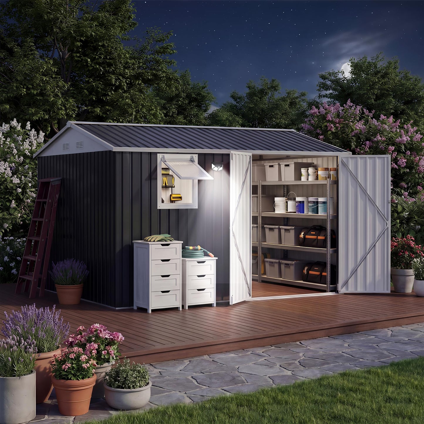 JoanKaren 10x8FT Outdoor Storage Shed with Pushable Window, Solar LED Lamp and Built-in Pegboard, Metal Garden Shed with Sloping Roof, Lockable Doors, Steel Tool Shed for Backyard Patio, Black