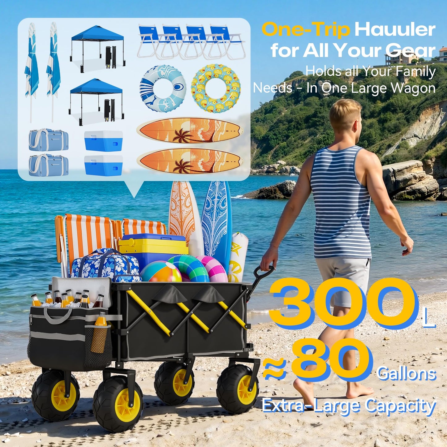 VELUVIA Beach Wagon with Balloon Wheels for Sand - 450LBS Heavy Duty Foldable All Terrain Wagon with 9" Balloon Tires- Collapsible Beach Dolly with Adjustable Handle & Cooler Bag for Beach - Black