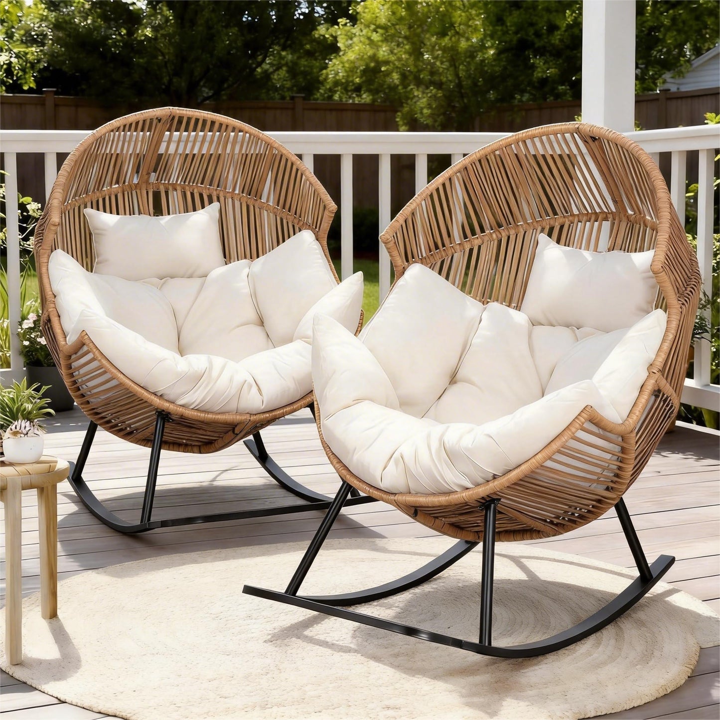 Oversized Outdoor Rocking Chair Set of 2, Wicker Egg Patio Lounge Chair Basket Seat with Thick Cushion, All Weather Indoor Outdoor Porch Rockers for Balcony, Living Room, Lawn Garden