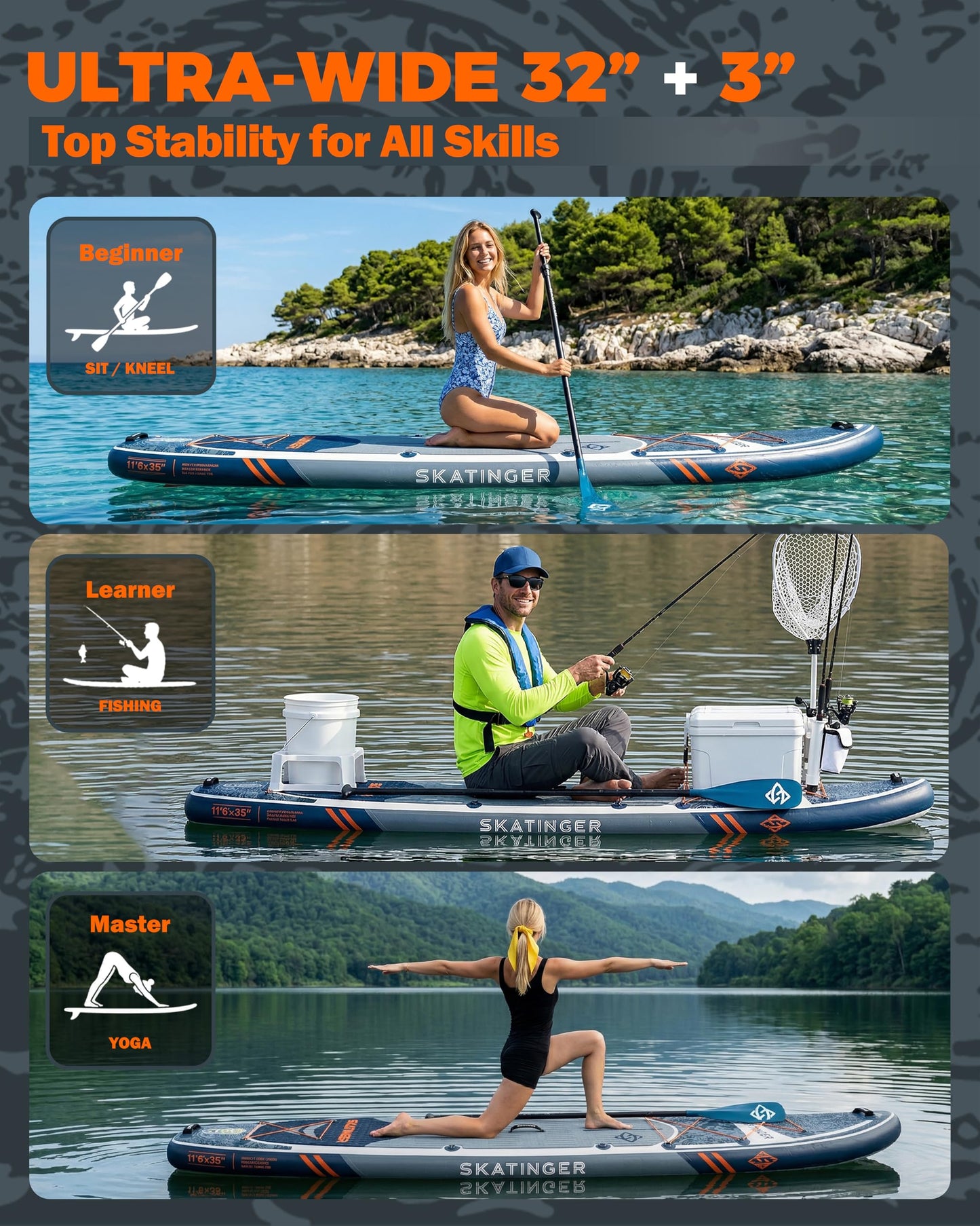 Skatinger 11'6×35" Super Wide Inflatable Paddle Board, Premium Woven Drop-Stitch Tech, 450lb/3 People/Family Paddle Board, Shoulder Strap, 100L Backpack, Ultra-Light, All-Round Sup Board