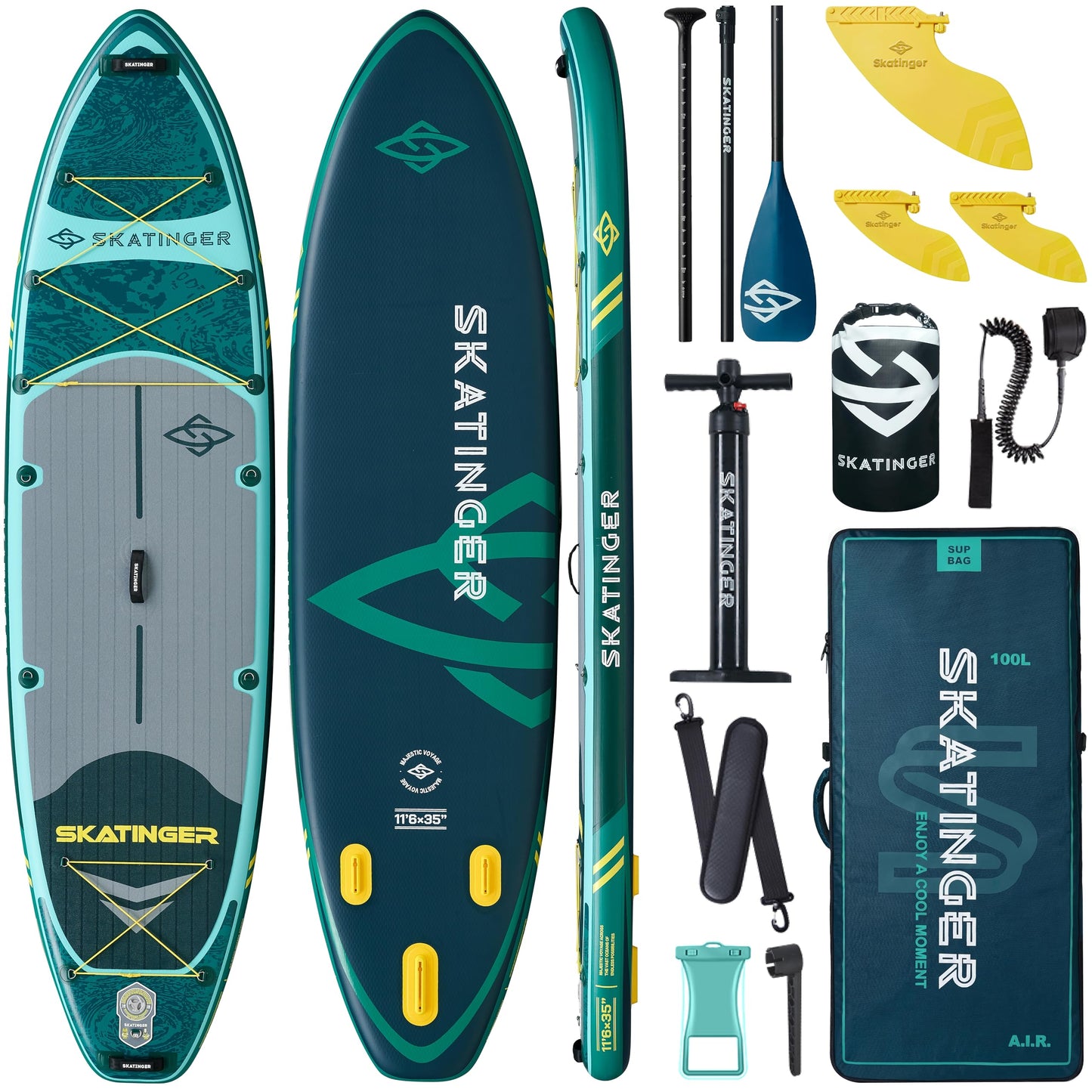 Skatinger 11'6×35" Super Wide Inflatable Paddle Board, Premium Woven Drop-Stitch Tech, 450lb/3 People/Family Paddle Board, Shoulder Strap, 100L Backpack, Ultra-Light, All-Round Sup Board