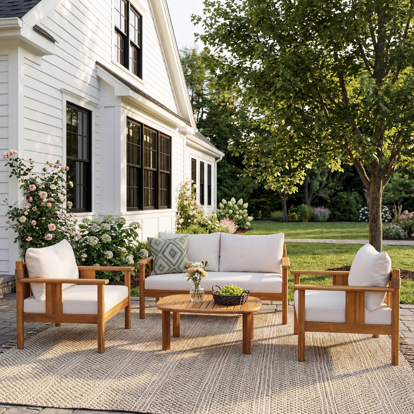 Christopher Knight Home Willy Acacia Wood Patio Furniture Set with Water-Repellent Cushion, 4 Piece Outdoor Acacia Wood Conversation Set, Outdoor Sectional Sofa Set with Coffee Table, Beige+Teak