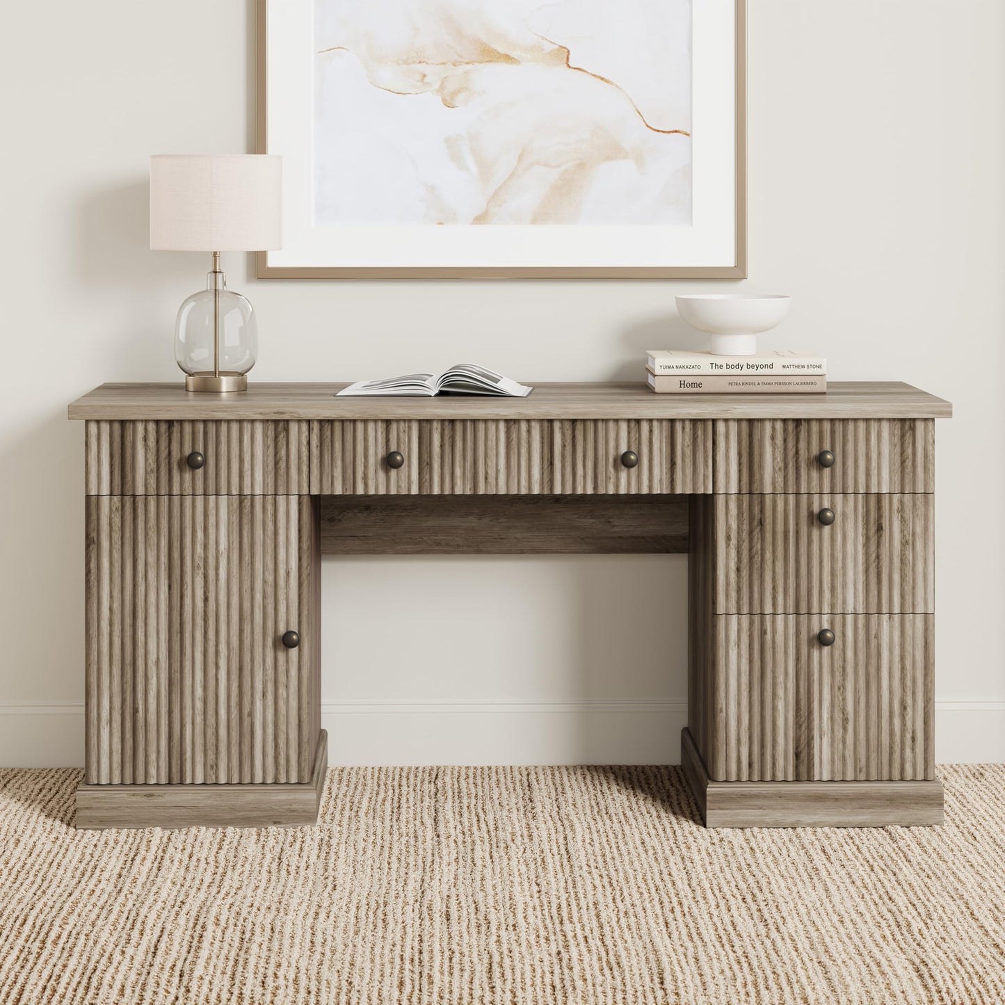 Garvee 60" Office Desk with Storage & Drawers. Fluted Wood Computer Desk with Power Outlet & Adjustable Shelves.Modern Executive Desk for Home Office/Bedroom/Gaming-Grey