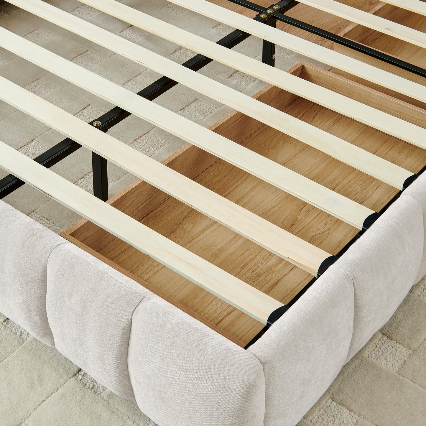 GDFStudio California King Size Upholstered Bed Frame with Thick Chenille Fabric, Modern Grounded Platform Bed with Headboard and Storage Drawers, Beige