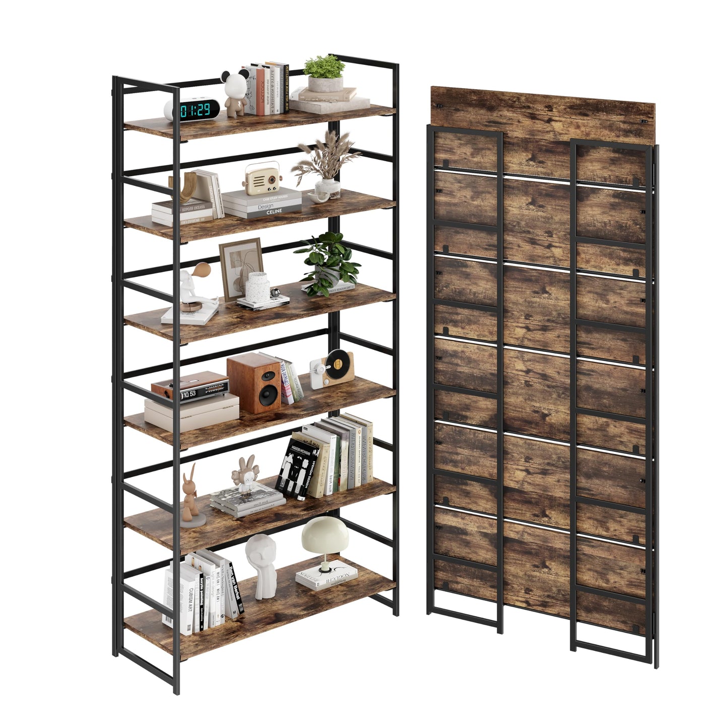 BHG Vintage Multifunctional Folding Bookshelf, No-Assembly Plant Stand Storage Rack Shelves for Home Office