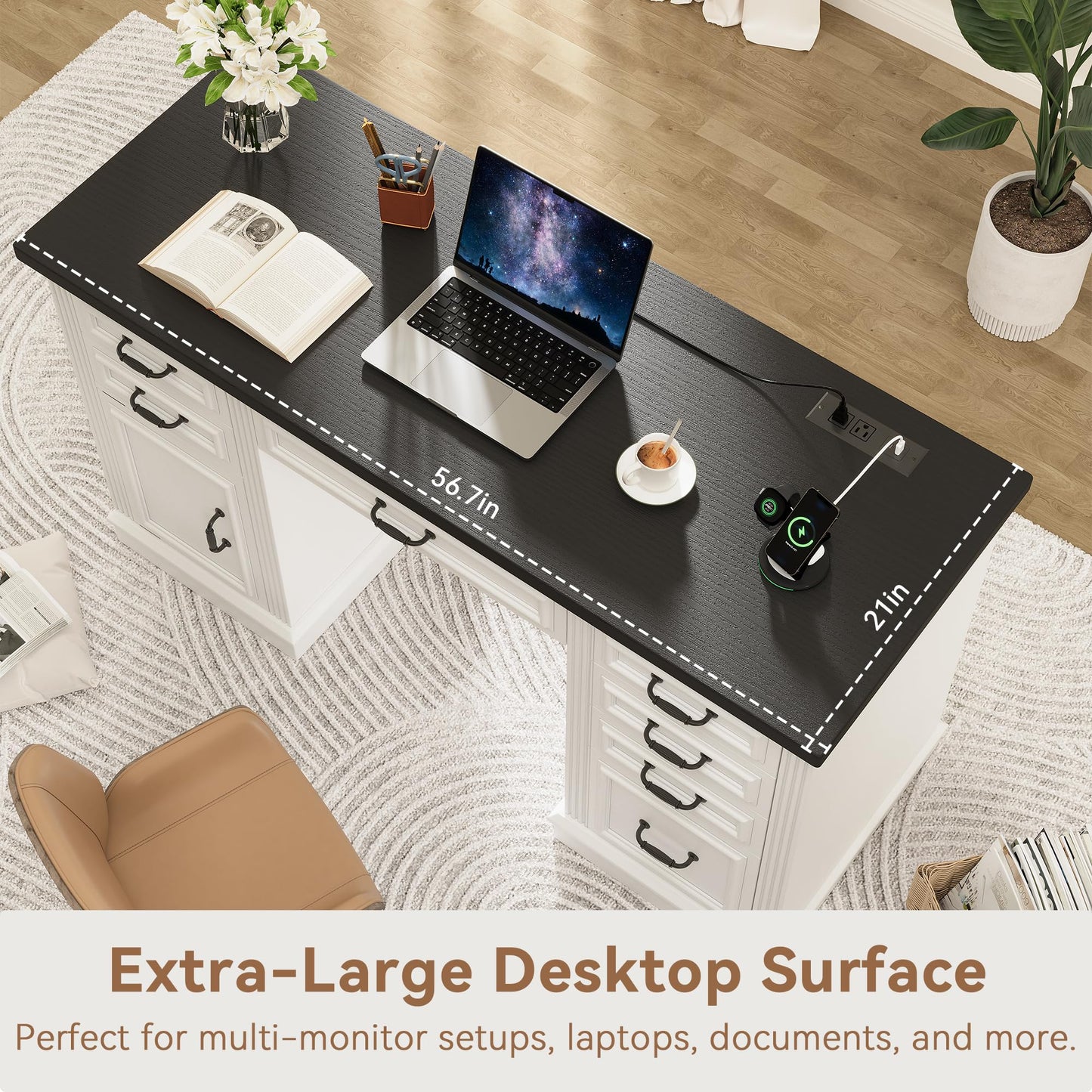 Jocoevol Farmhouse 57" Executive Desk with 7 Drawers, Home Office Desk with File Cabinet Storage, Computer Desk with Charging Station and Headphone Hook for Work, Study, Writing, White
