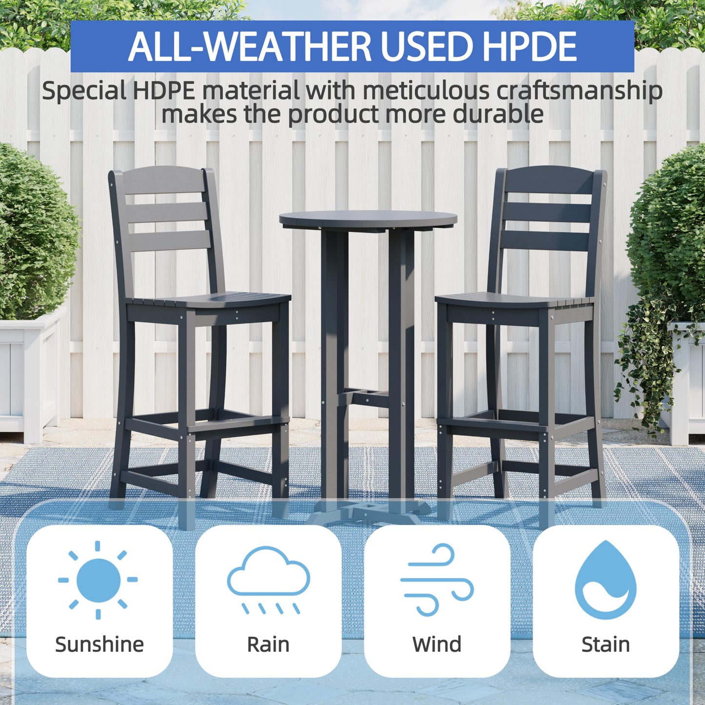 Shintenchi 3 Pieces Outdoor High Top Bar Set, 1 Patio High Top Round Table and 2 Bar Height Tall Adirondack Chair, All-Weather Outdoor Bistro Bar Set for Balcony Pool Deck, Dark Grey