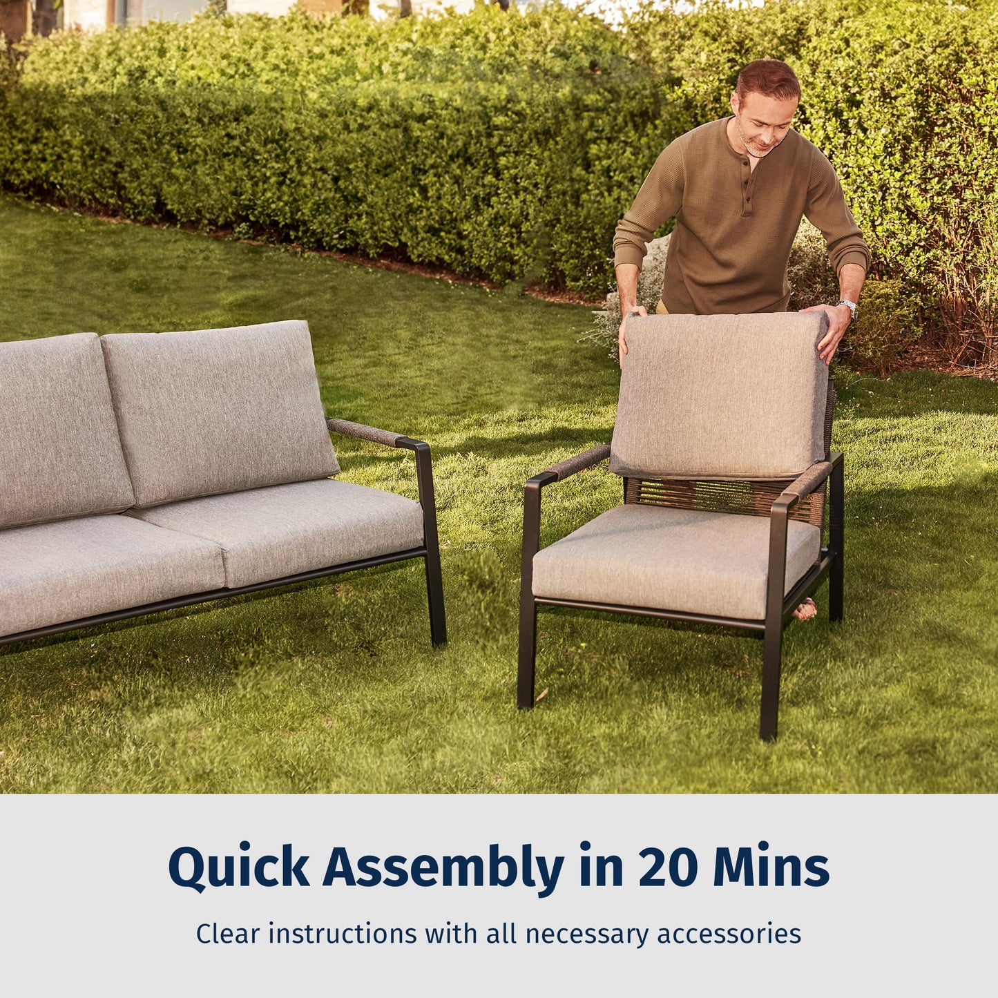 EAST OAK 4-Piece Patio Furniture Set, Outdoor Furniture Set with Thick Cushion,Waterproof Patio Conversation Set for 4, Woven Armrests Loverseat and Table for Backyard, Misty Grey