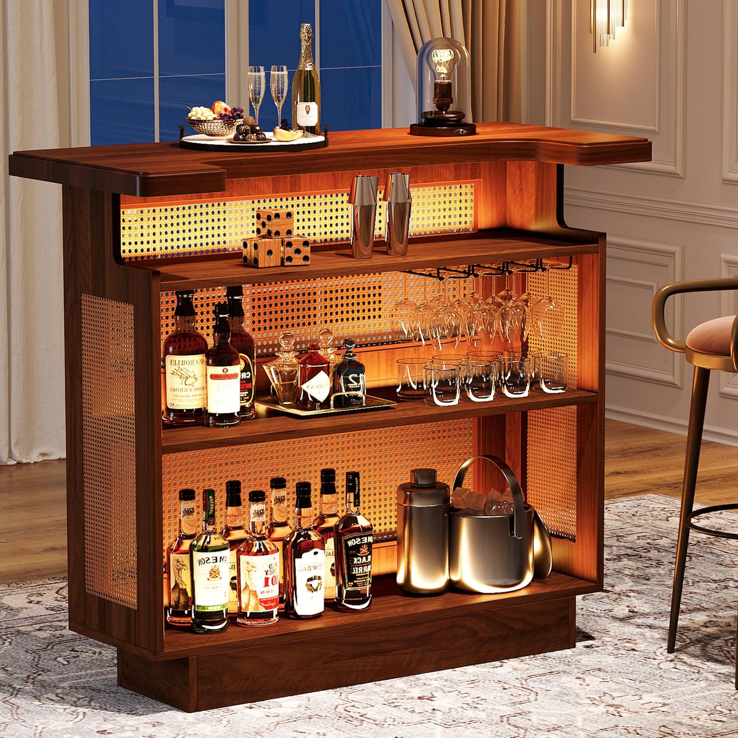 Tribesigns Rattan Home Bar Unit, Farmhouse 4-Tier Bar Table with 4 Stemware Racks and Heightened Base, Liquor Wine Bar Cabinet Mini Bar Table for Home Pub, Caramel Brown