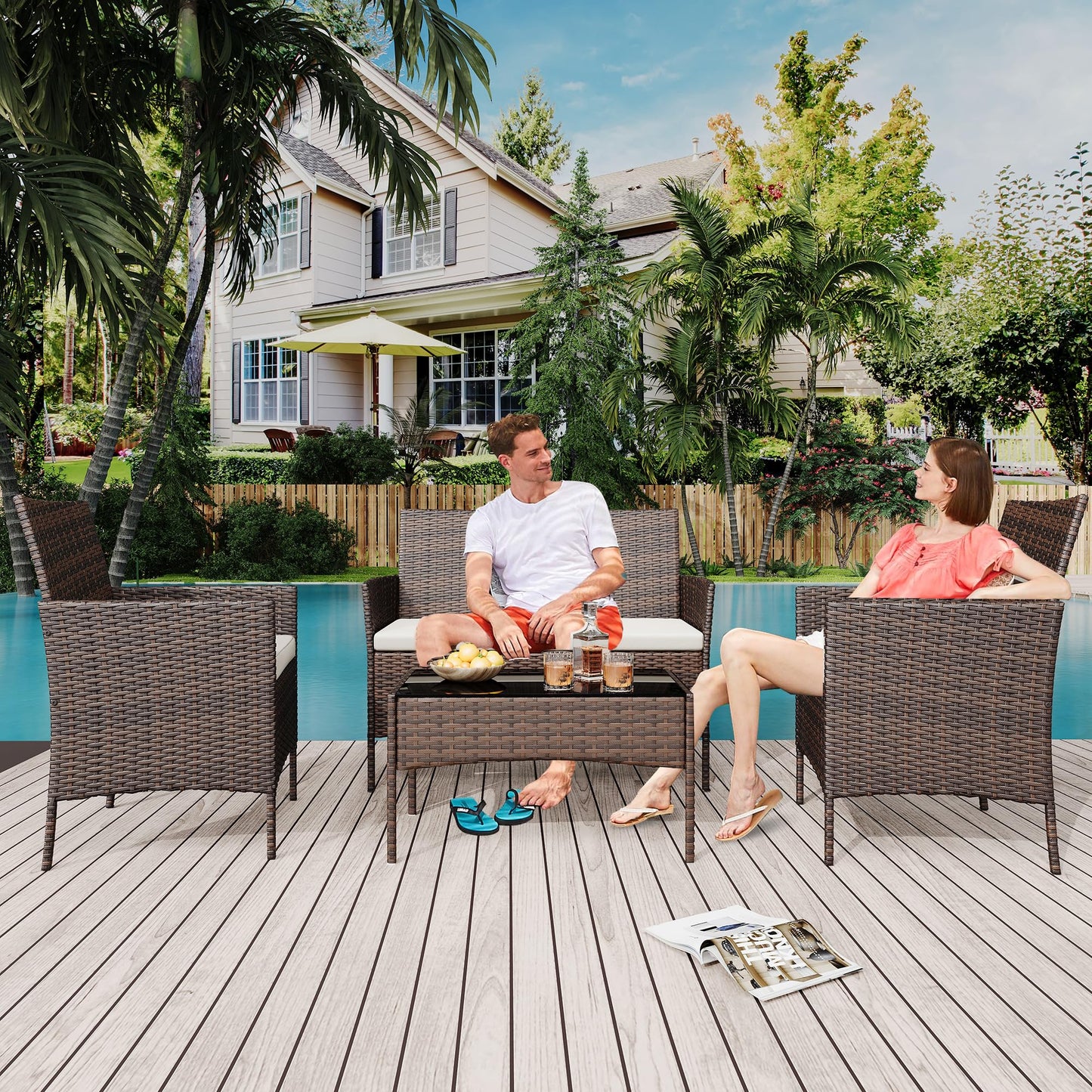4 Pieces Patio Furniture Sets, Outdoor Wicker Conversation Sets with Soft Cushion and Glass Table, All Weather Manual Rattan Chairs for Garden, Terrace, Porch, Lawn, Poolside, Brown and Beige