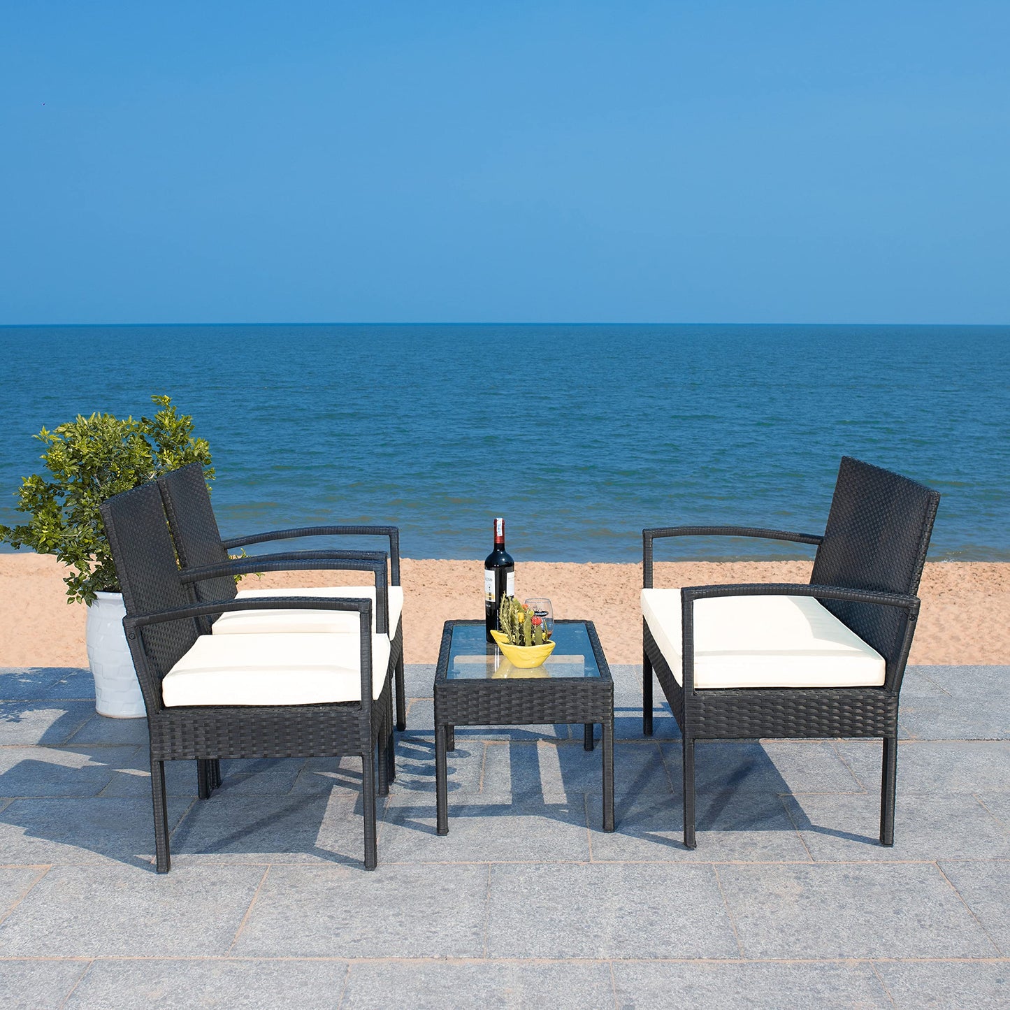 Safavieh PAT7507A Collection Bassey Black and Beige 4-Piece Outdoor Living Patio Set