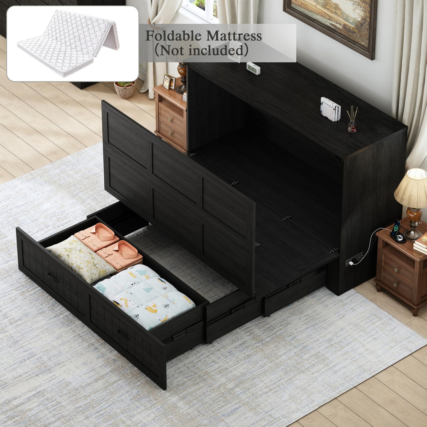 Bvldfamly Full Murphy Bed with Charging Station, Farmhouse Noisy-Free Foldable Cabinet Bed Frame with Storage Drawer, Space Saving Hideaway Wall Bed for Guest Bedroom, Living Room, Office, Black