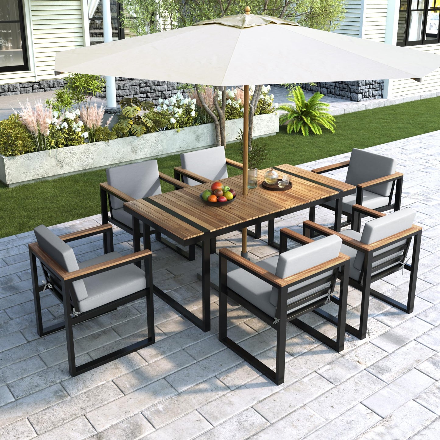 Outdoor Patio Sofa Set 4-Piece with Cushions, Woven Rope Design Seating, Acacia Wood & Steel Frame, Water-Resistant Fabric, 3-Seat Couch, Chairs & Dual-Layer Coffee Table for Garden Balcony, Grey