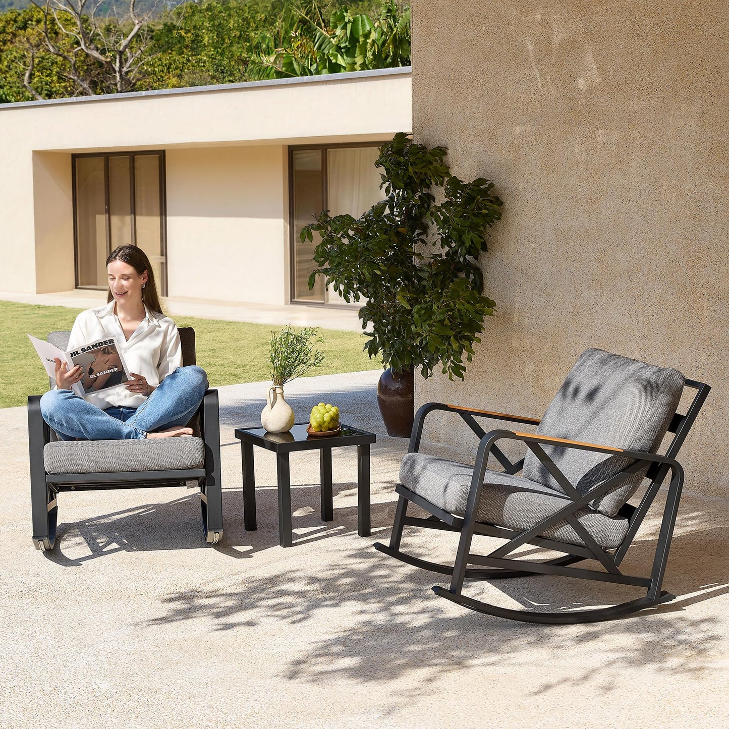 Tribesigns Outdoor Rocking Chair Set, Patio Furniture Sets, Waterproof Rocking Chair with Thick Cushion, Metal Rocker for Balcony (Grey, 3PCS Rocking Bistro Set)