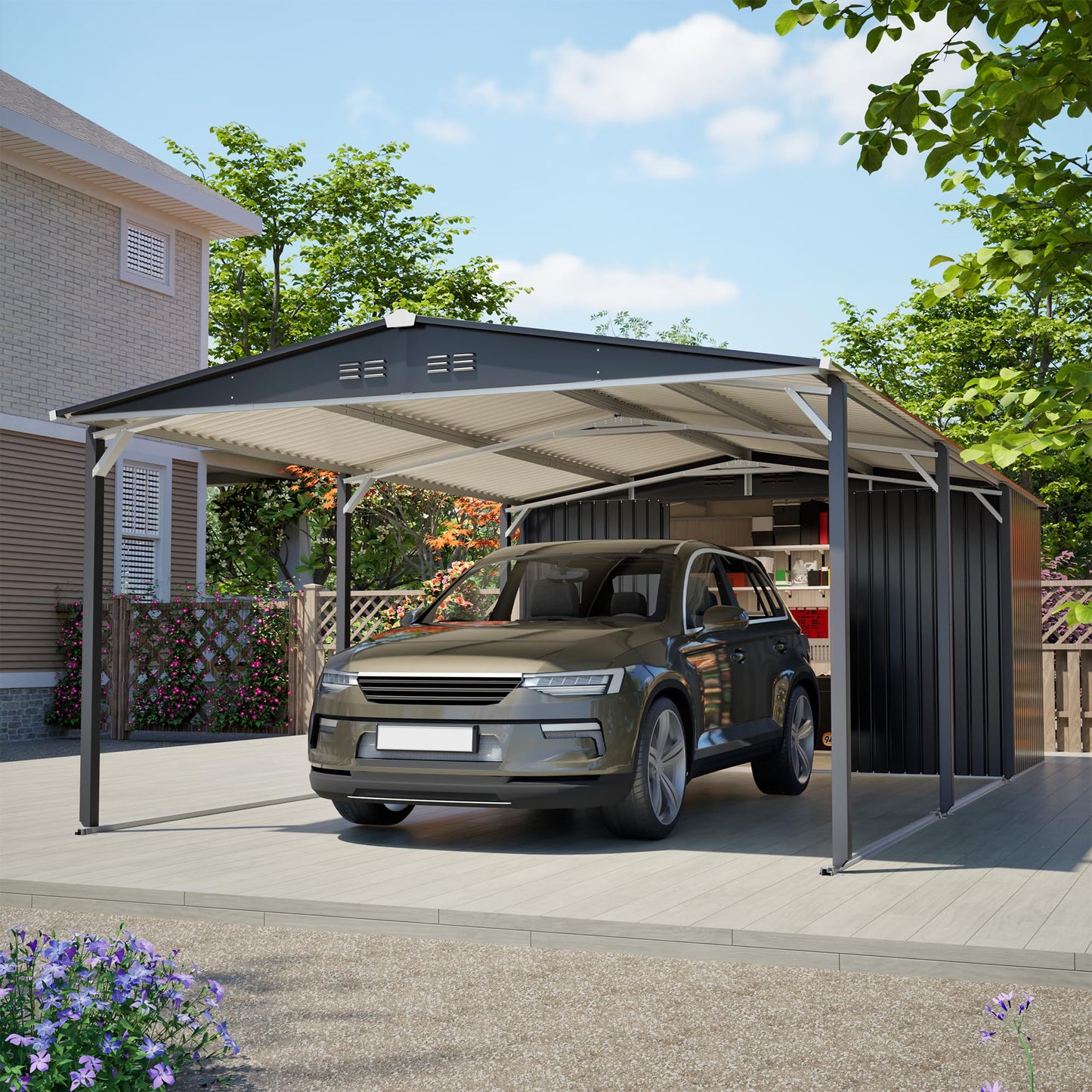 ZMAD 12'x23' Metal Carport Storage Shed, Heavy Duty Steel Garage with Sliding Door, UV Panel & Waterproof Sloped Roof, Reinforced Structure for Car Boat Tractor Farm (Grey, Style A)
