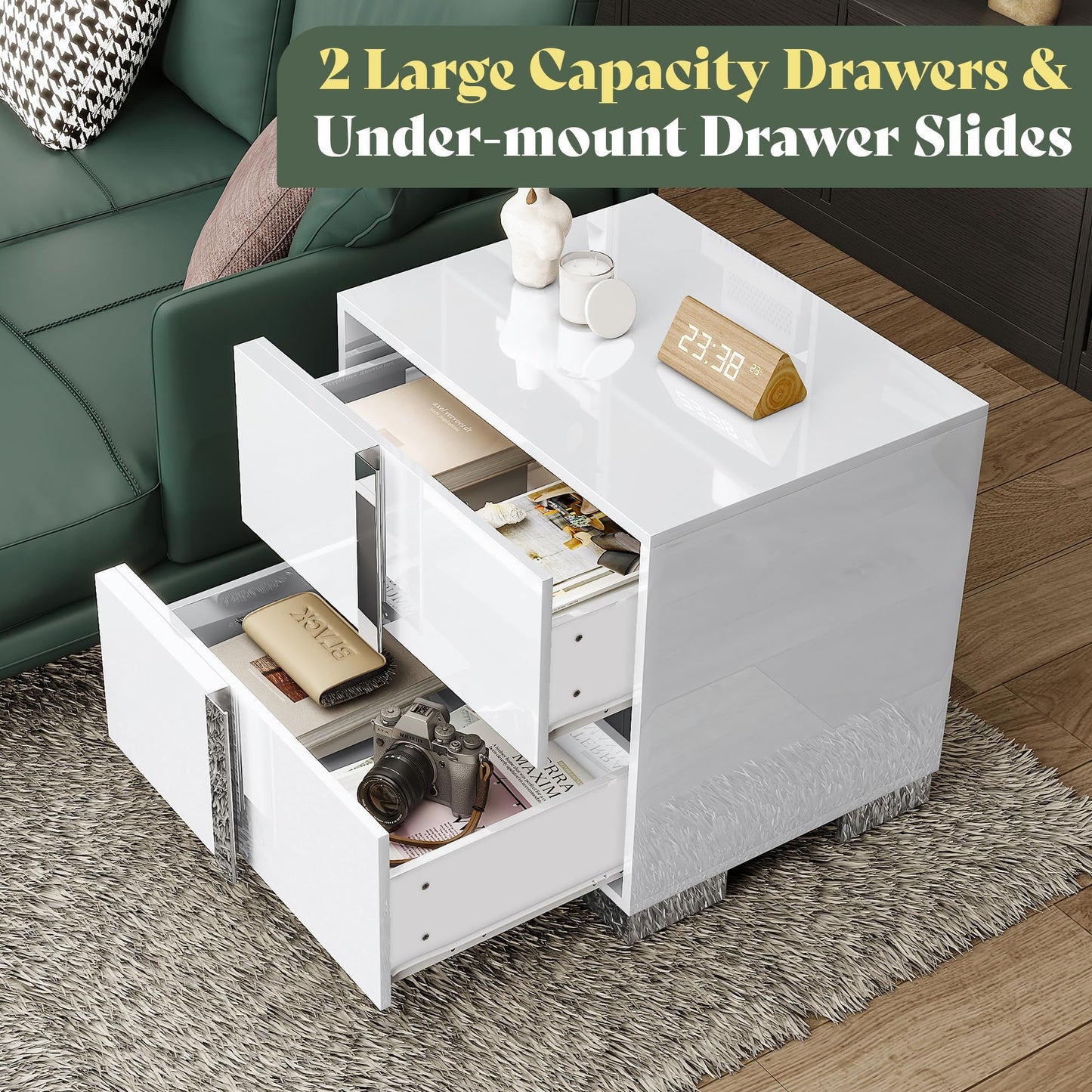 AMERLIFE Nightstand Set of 2, 23.6'' Modern End Table with Drawers, High Gloss UV Finish, Electroplated Pull Handle, Bedside Table for Bedroom, White