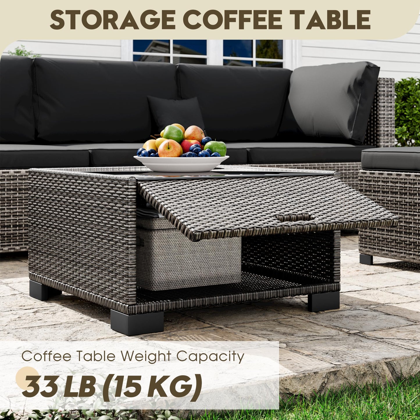 LHBcraft 7 Piece Patio Outdoor Furniture Set, Outdoor Sectional, All-Weather Hand-Woven Wicker Black Patio Sectional, Rattan Outside Furniture with Cushion and Glass Coffee Table