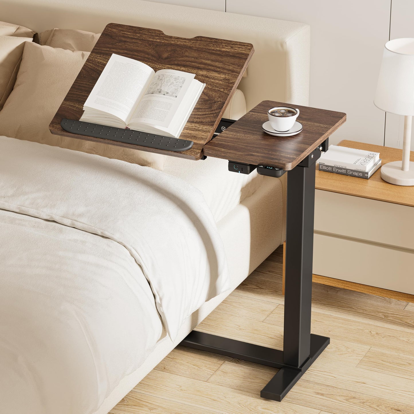 BIZUM Small Electric Standing Desk, Overbed Table Wireless Tilt Top with Hidden Wheels, 27.6×15.8 Inch Adjustable Rolling Laptop Desk, USB-C Rechargeable Battery, Walnut