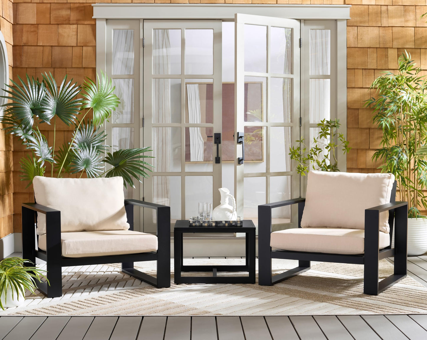 SAFAVIEH Outdoor Patio Furniture Collection – Fash Black & Taupe Cushion 3-Piece Living Set, Modern Outdoor Chairs & Slatted Square Table (PAT7552A)