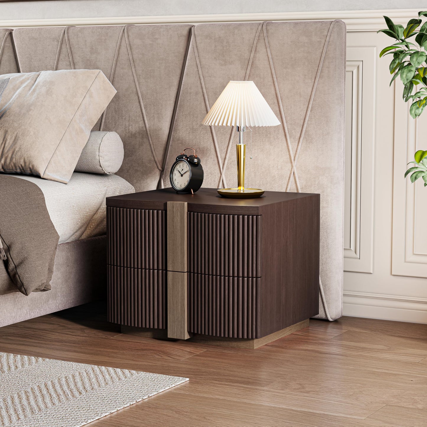 Christopher Knight Home Boni Mid Century Modern Nightstand with Heavy Duty Base, Wood Night Stand with 2 Spacious Drawers, Bedside Table/End Table for Bedroom, Multipurpose Storage Cabinet, Dark Brown