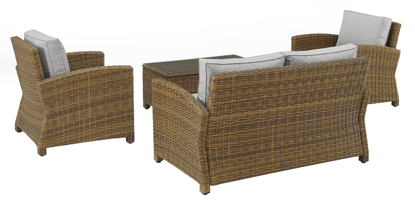 Crosley Furniture Bradenton 4-Piece Outdoor Loveseat Patio Furniture Set, Wicker Conversation Sets for Porch, Brown with Gray Cushions