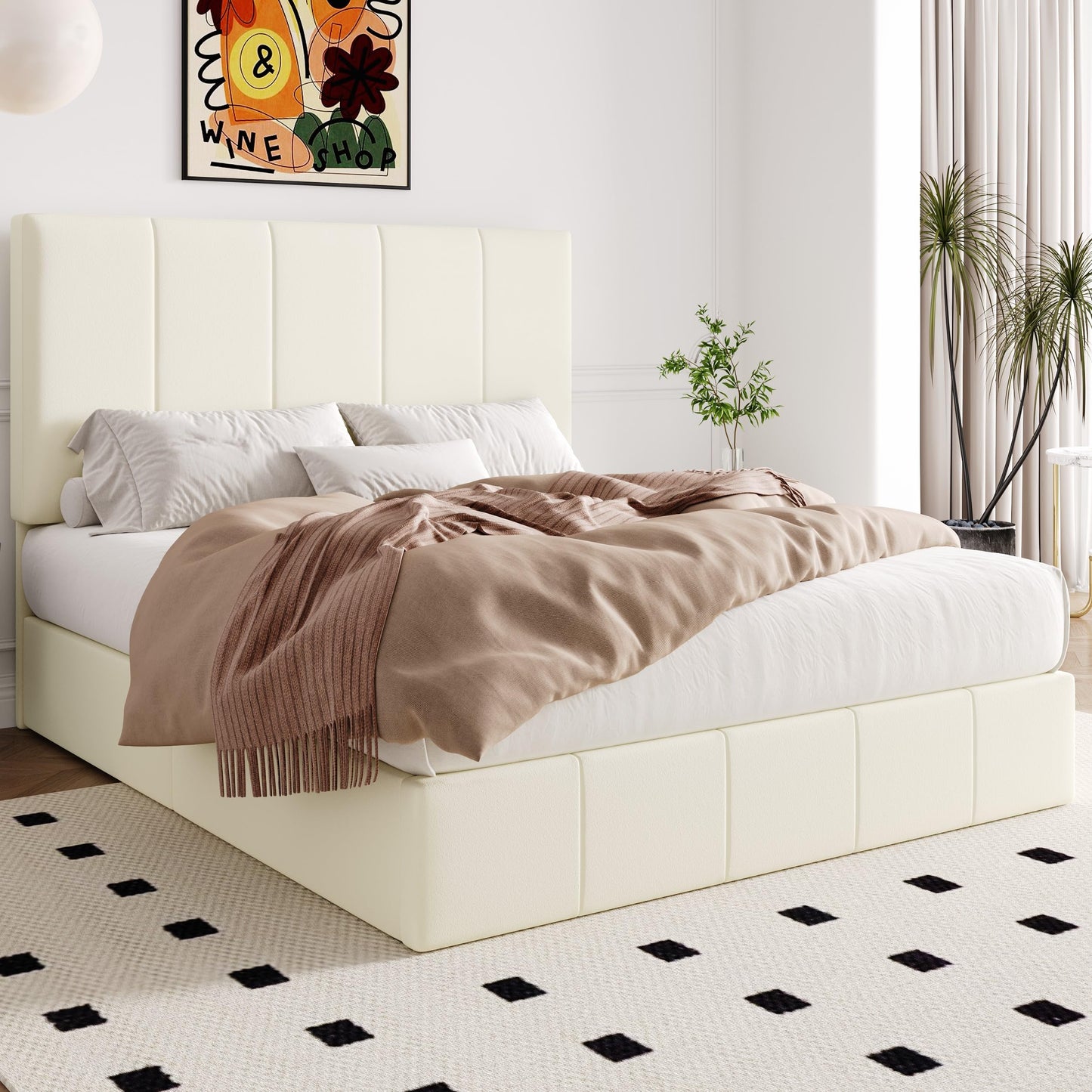 Allewie Full Size Velvet Lift Up Storage Bed Frame, Vertical Channel Tufted Headboard, Hydrualic Underneath Storage, Upholstered Platform Bed, Wooden Slats Support, No Box Spring Needed, Cream