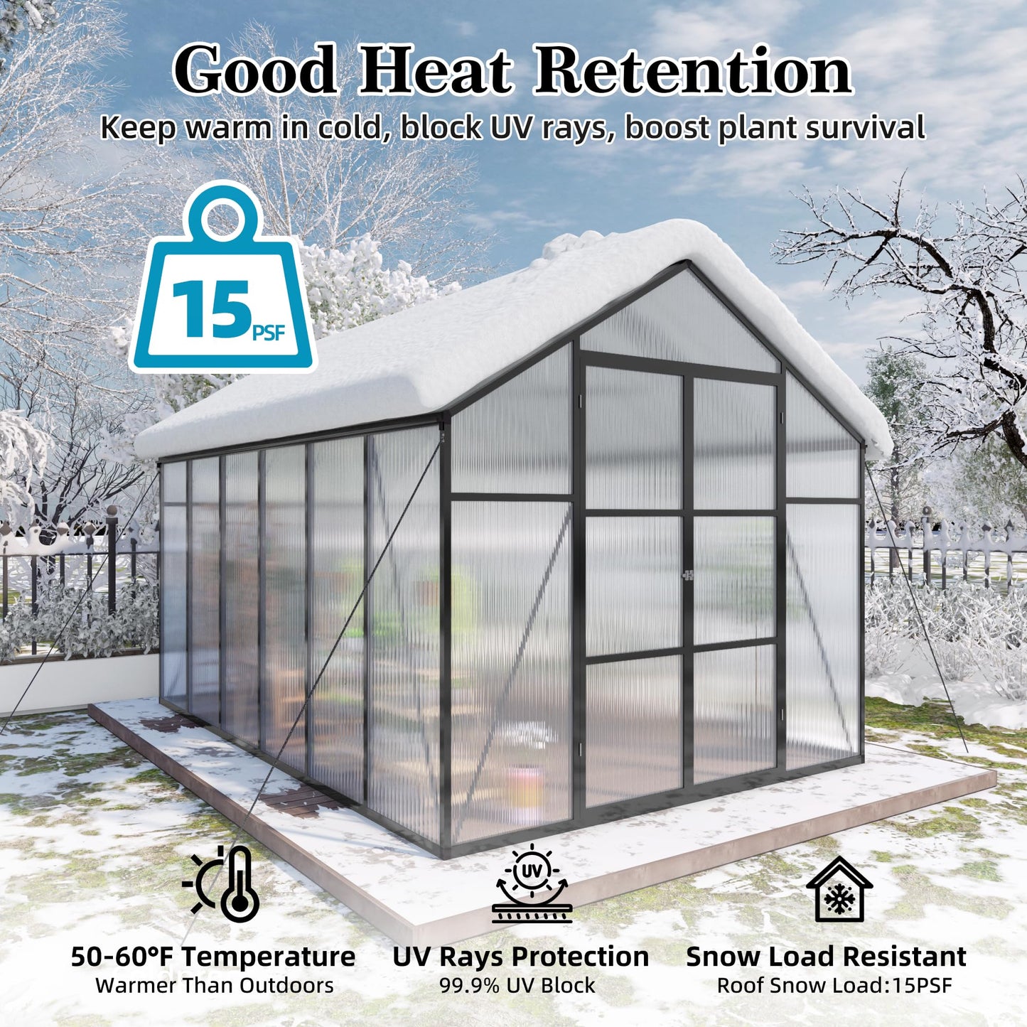 YOPTO 8x12T Greenhouse,Outdoor Polycarbonate Greenhouse with Roof Vent & Drainage System,Heavy Duty Aluminum Walk-in Green Houses for Outside Garden Backyard,Easy Assembly,Black