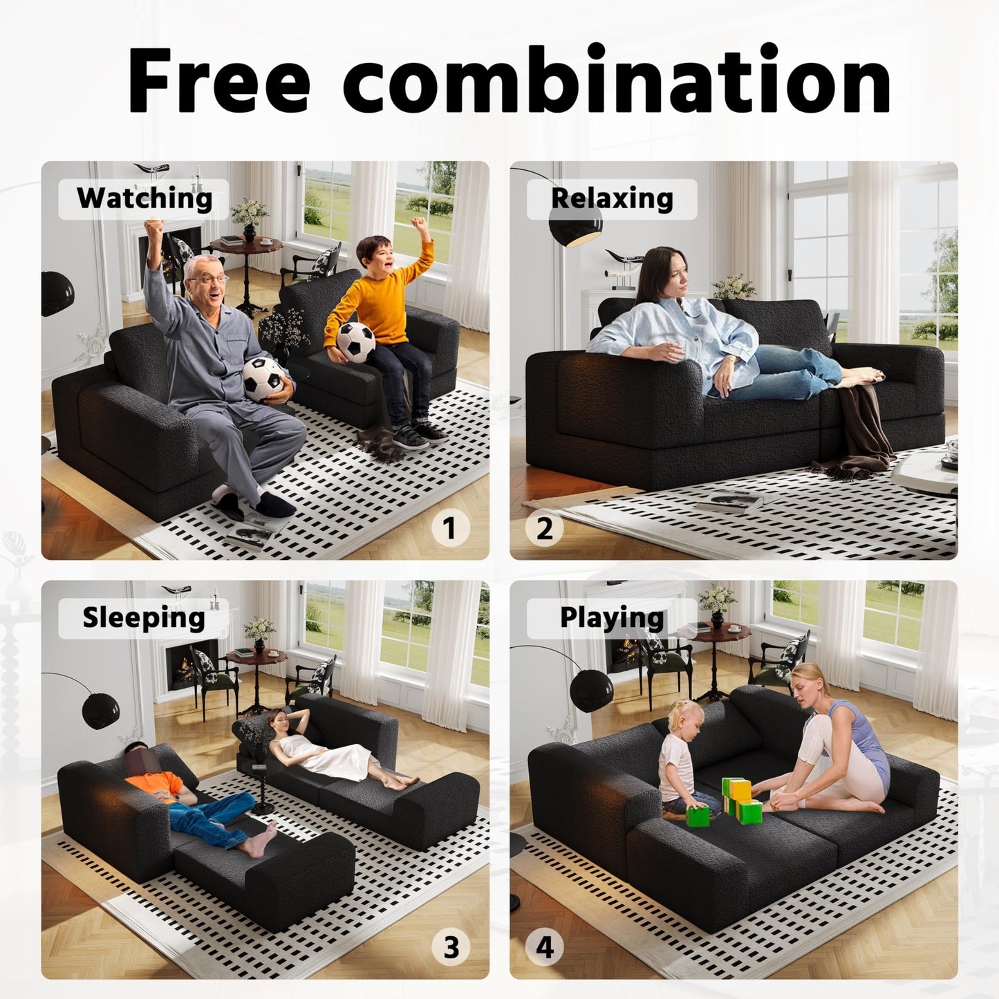 Cloud Modular Sectional Sofa, DIY Combination Modular Couch for Living Room, Unique Knitted Fabric Love Seat Couches with 2 Pillows, 2 Seater Comfy Sectional Couch with No Assembly (Black)
