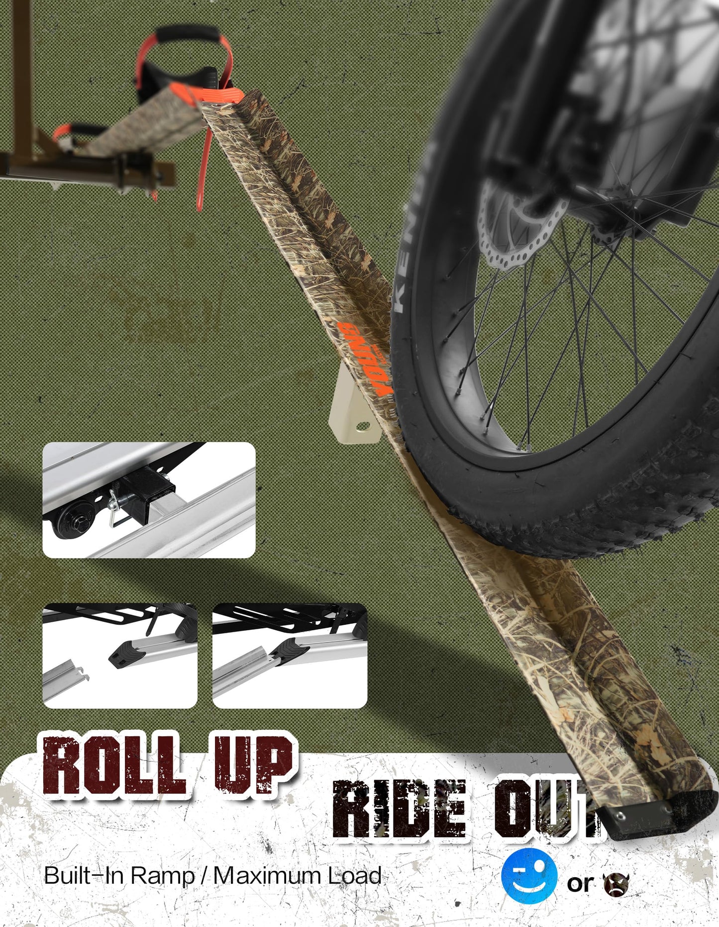 Young Hitch Bike Rack for 2 E-Bikes, Heavy Duty Platform Carrier, 200lbs Capacity, Foldable, Fat Tire, Electric Bike, Hitch Mount, SUV, Truck, RV, Car, 2" Receiver, Anti-Wobble, Camo