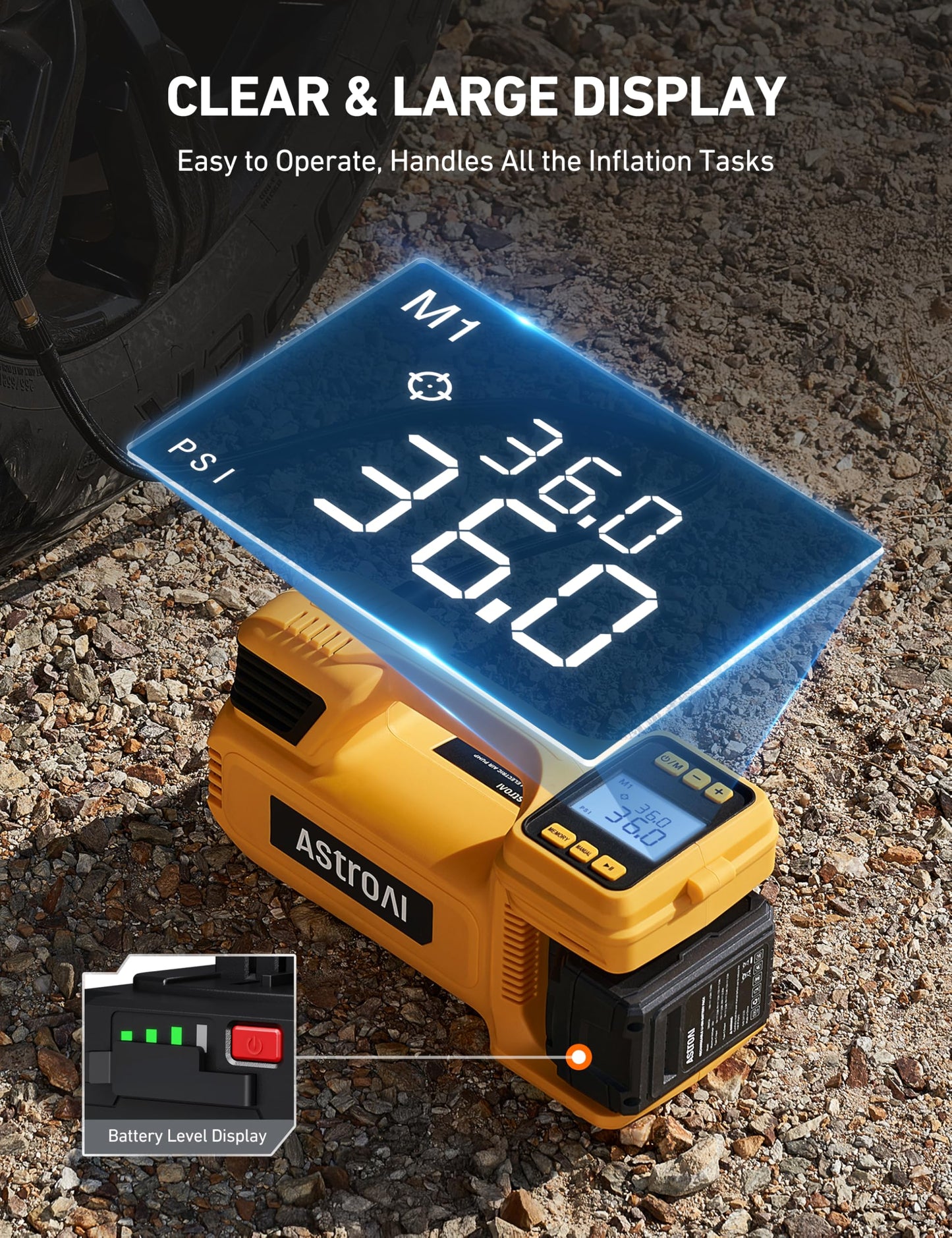 AstroAI TC4 Cordless Tire Inflator Portable Air Compressor, 20V Heavy Duty Air Pump with 4000mAh Battery 50L/Min Fast Inflation, 150PSI Rechargeable Pump with 4 Memory Modes for Car, SUV, Truck Tires